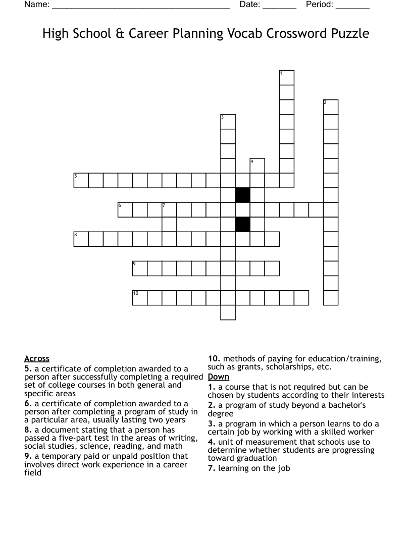 High School & Career Planning Vocab Crossword Puzzle