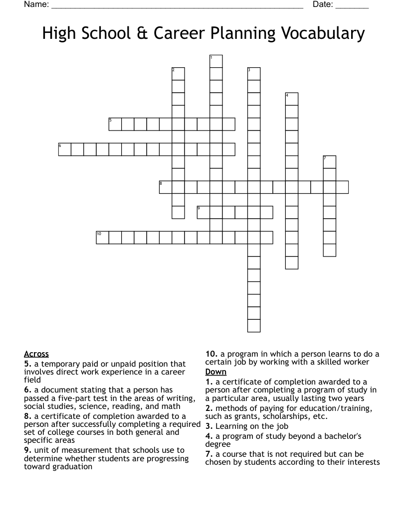 High School & Career Planning Vocabulary Crossword