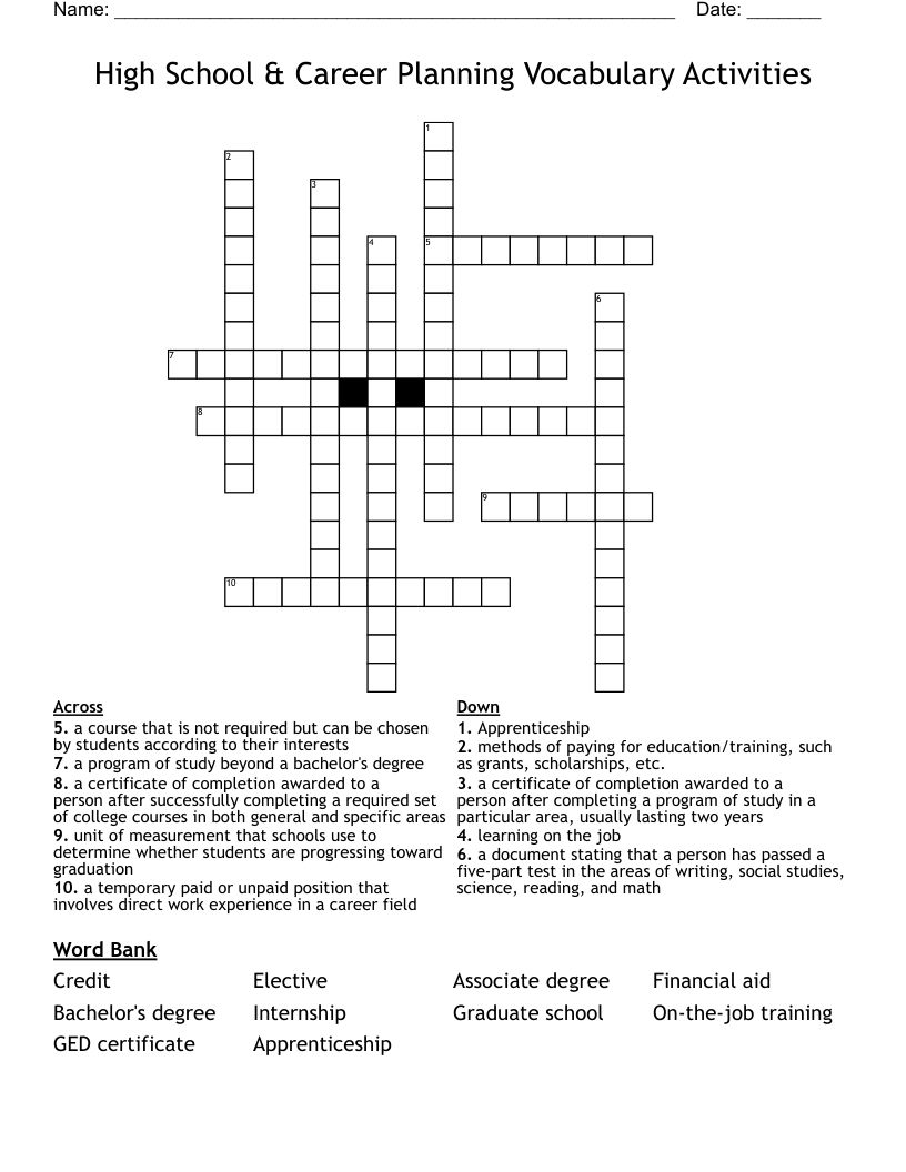 High School & Career Planning Vocabulary Activities Crossword