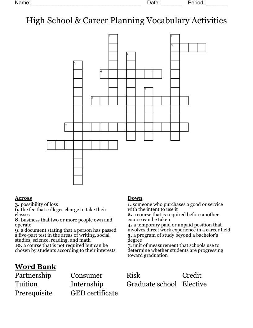 High School & Career Planning Vocabulary Activities Crossword