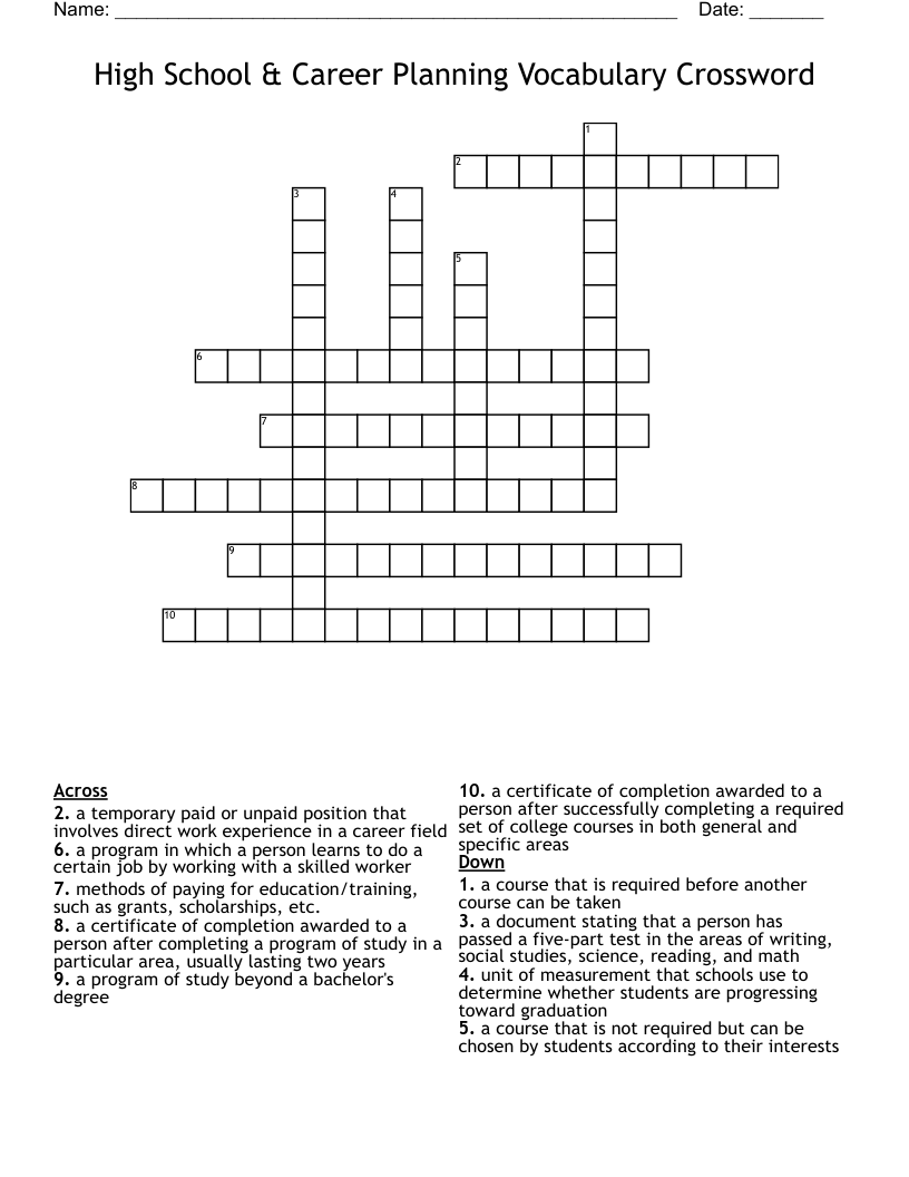 High School & Career Planning Vocabulary Crossword