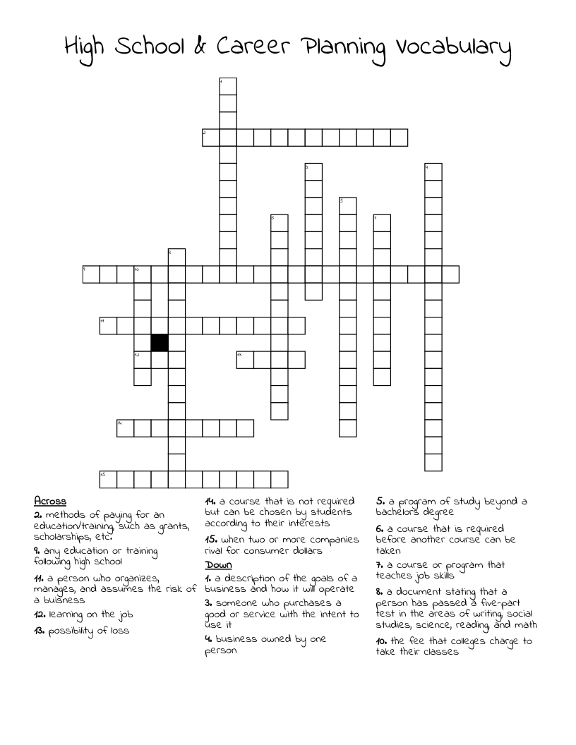 High School & Career Planning Vocabulary  Crossword