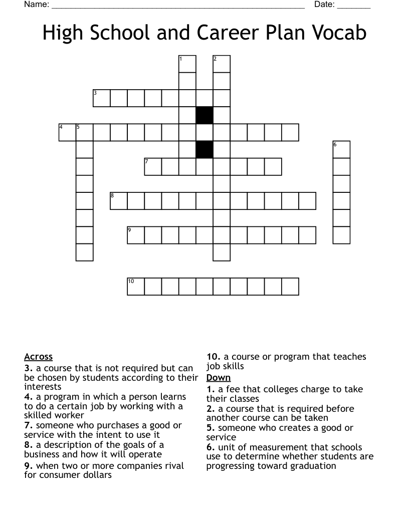 High School and Career Plan Vocab Crossword