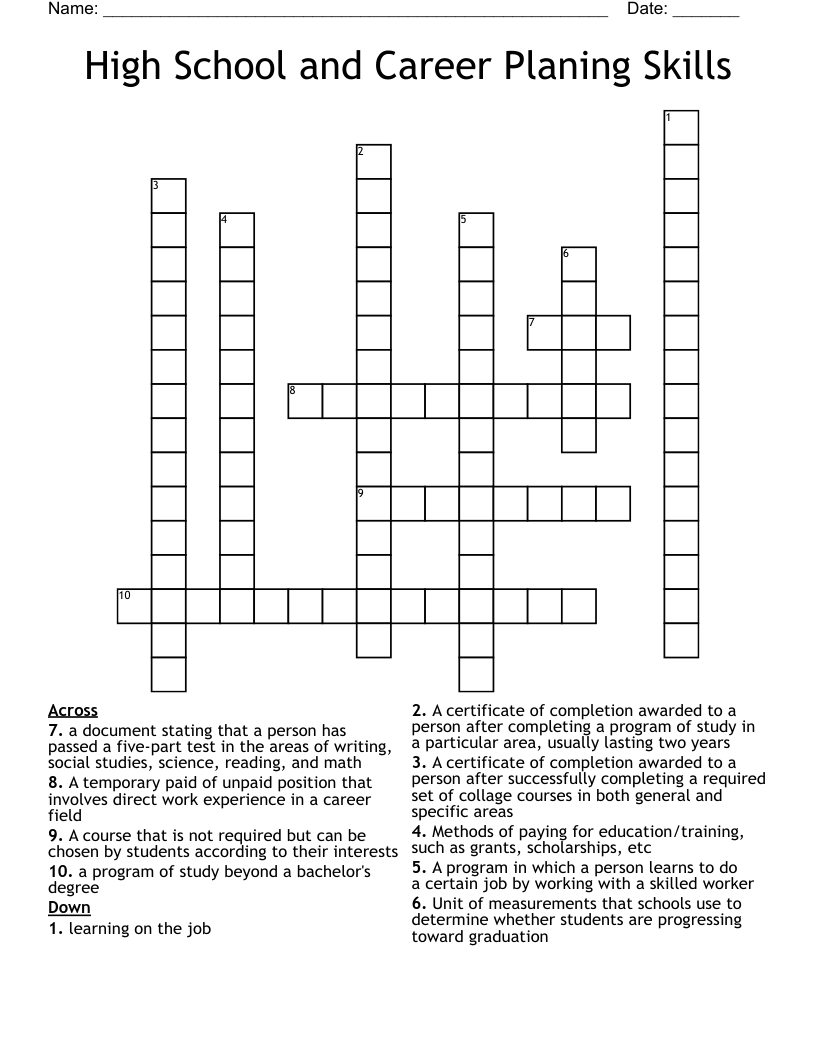 High School and Career Planing Skills Crossword