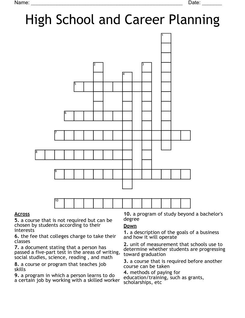 High School and Career Planning Crossword