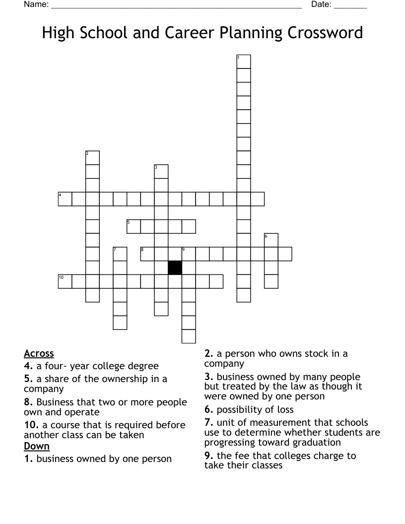 High School and Career Planning Crossword