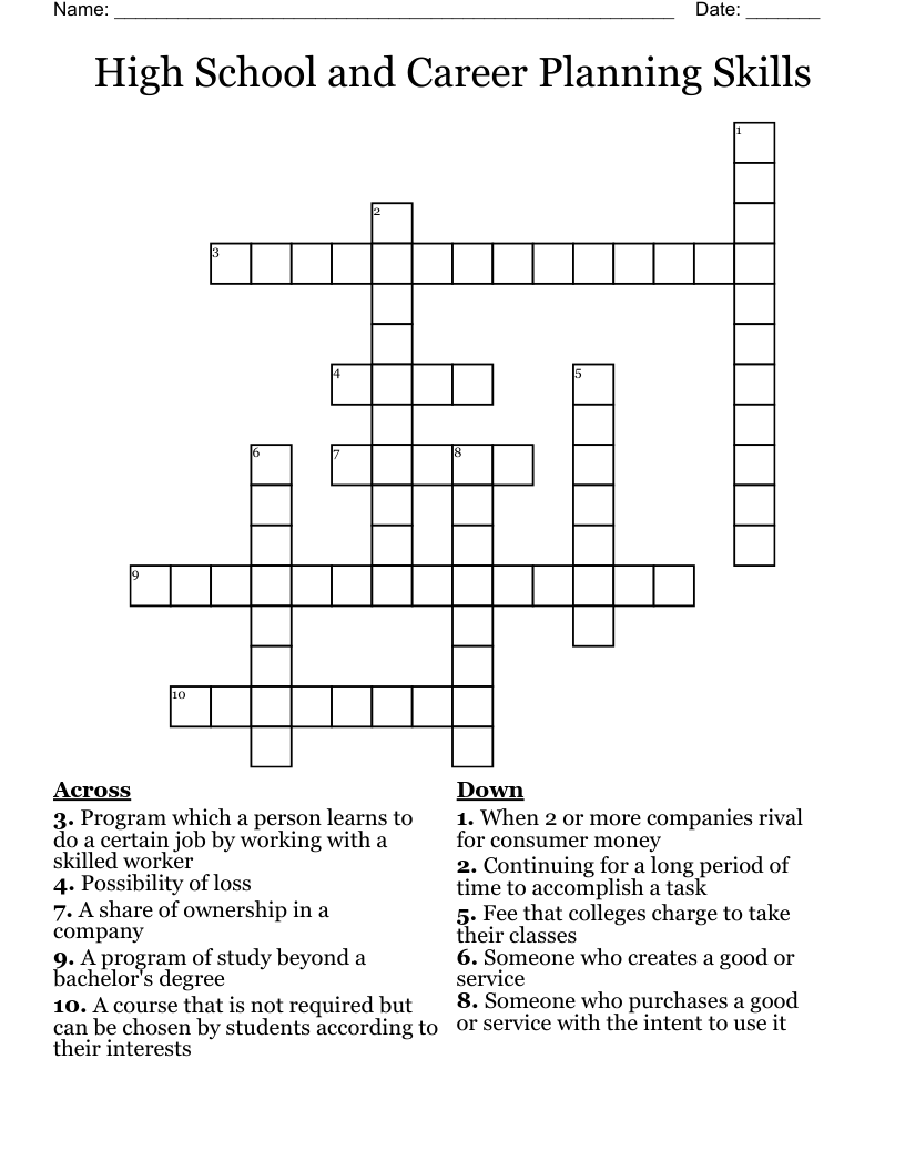 High School and Career Planning Skills Crossword