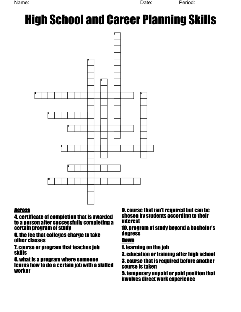High School and Career Planning Skills Crossword