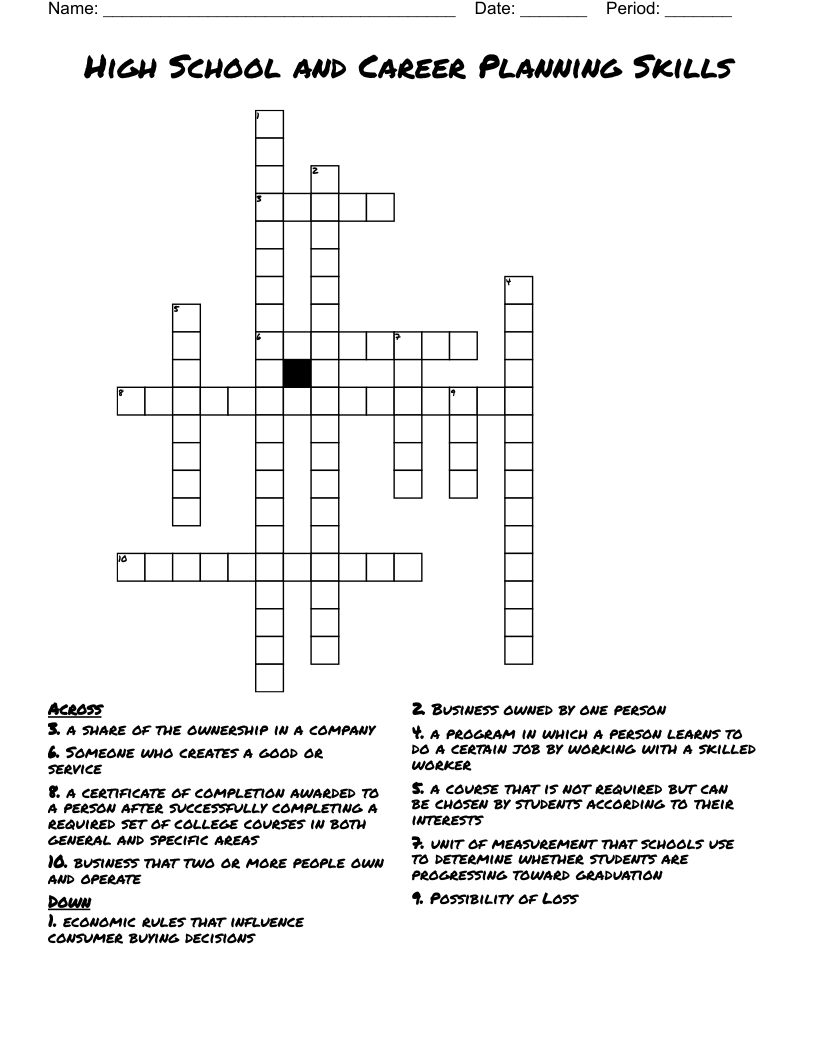 High School and Career Planning Skills Crossword