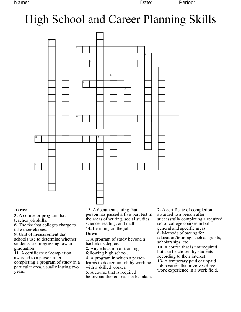 High School and Career Planning Skills Crossword
