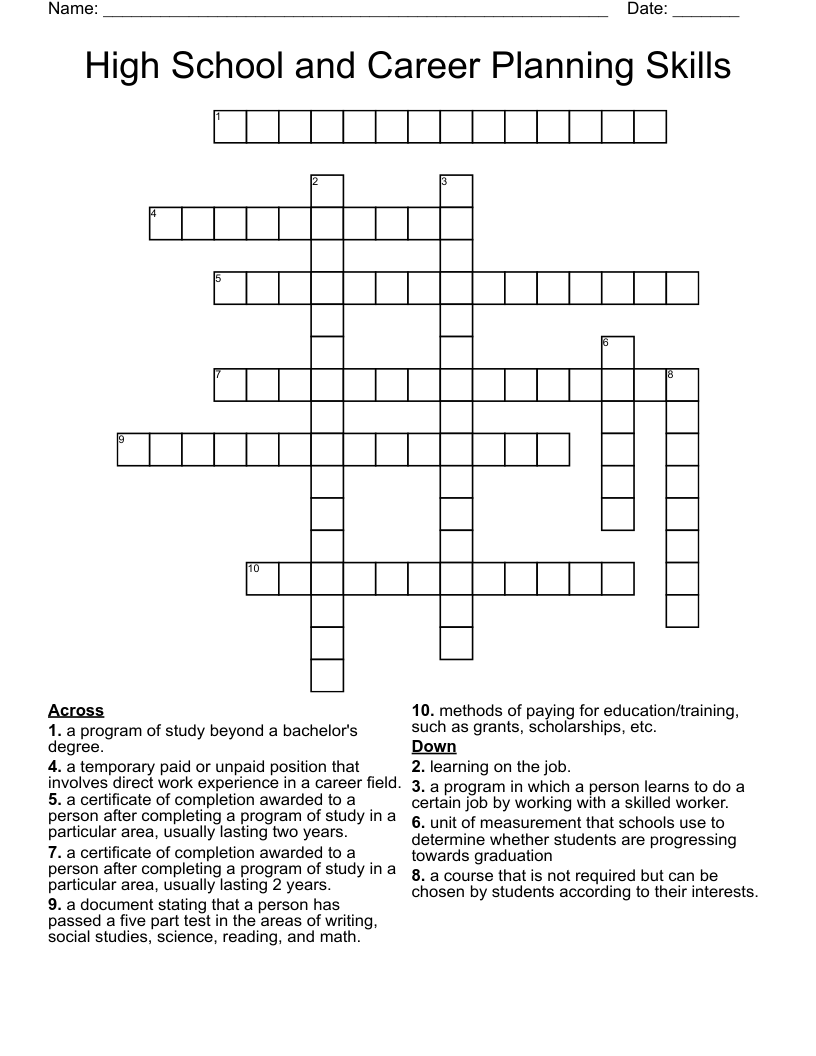 High School and Career Planning Skills Crossword