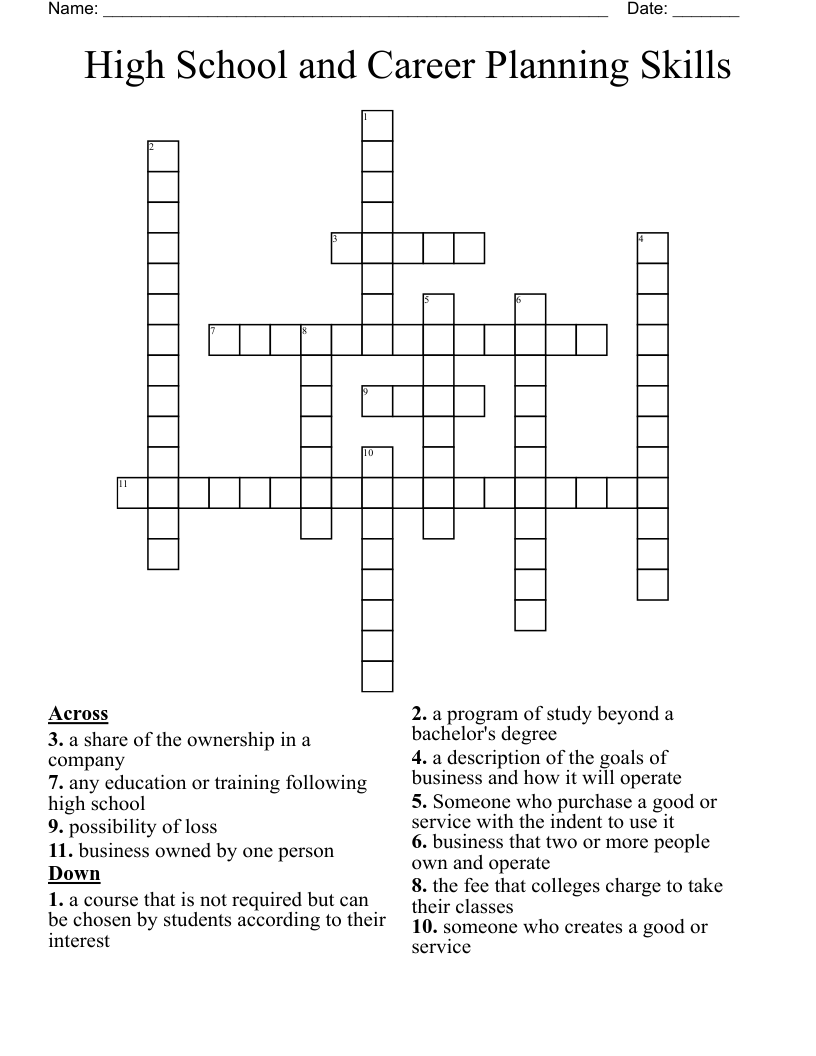 High School and Career Planning Skills Crossword