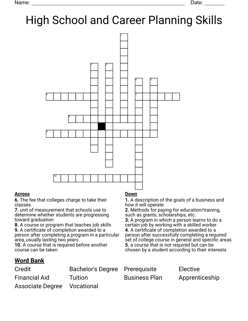 High School and Career Planning Skills Crossword
