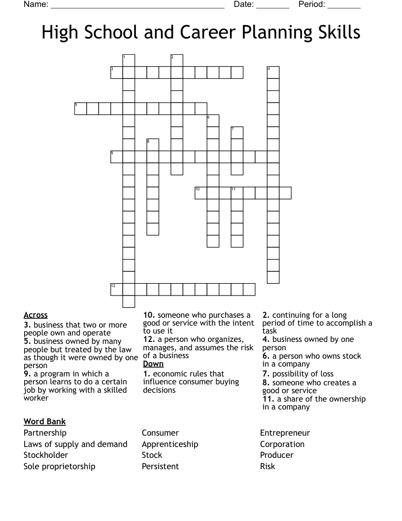 High School and Career Planning Skills Crossword