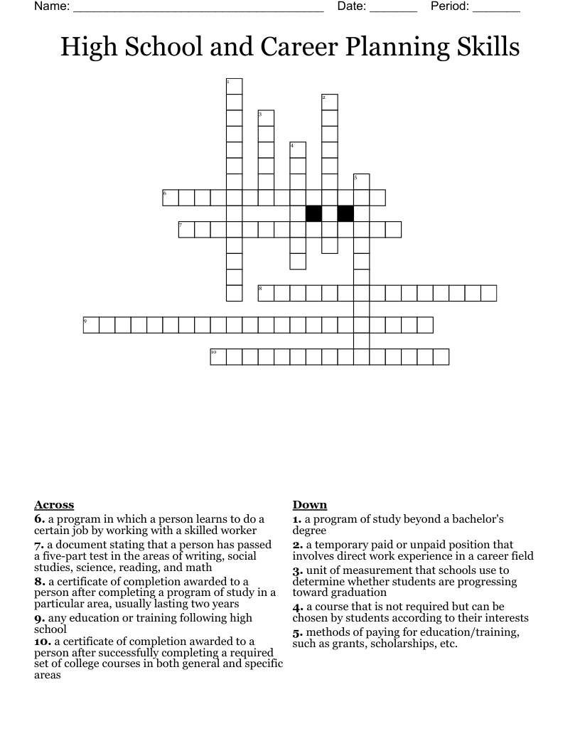 High School and Career Planning Skills Crossword