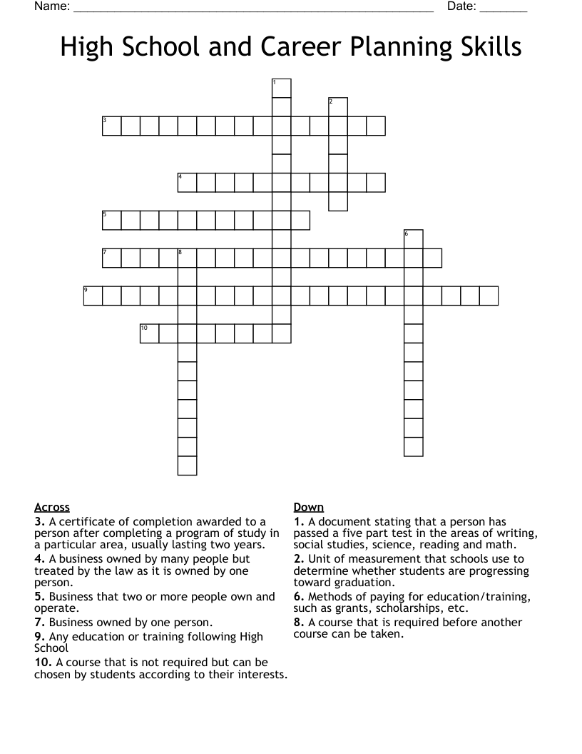 High School and Career Planning Skills Crossword