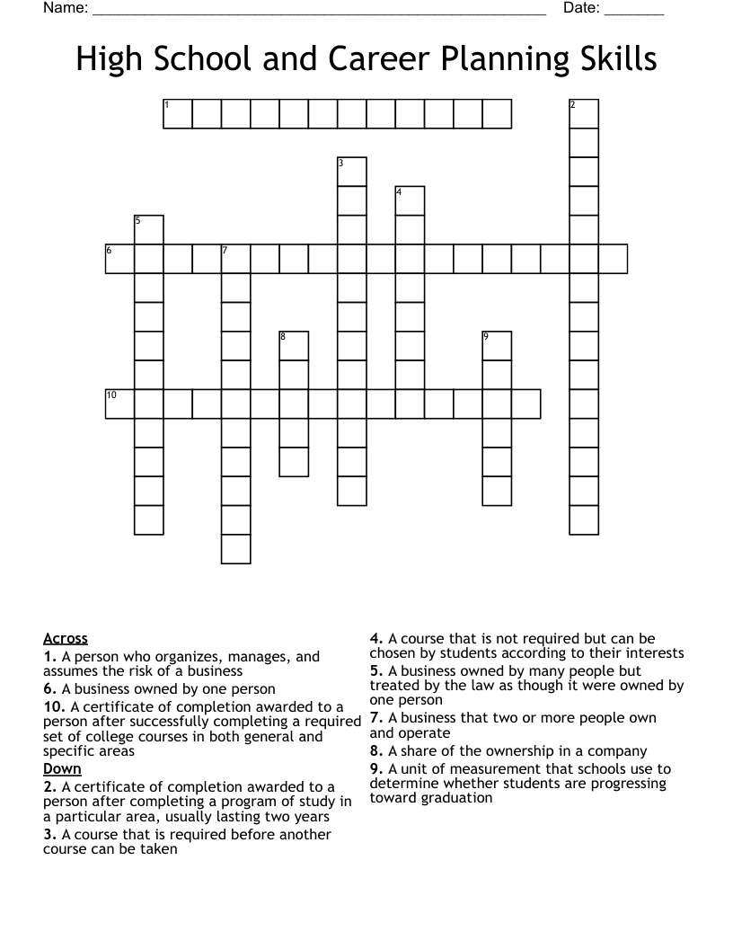High School and Career Planning Skills Crossword