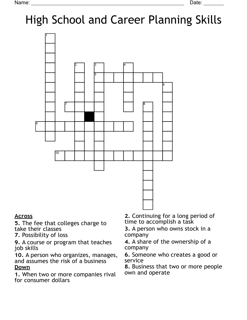 High School and Career Planning Skills Crossword
