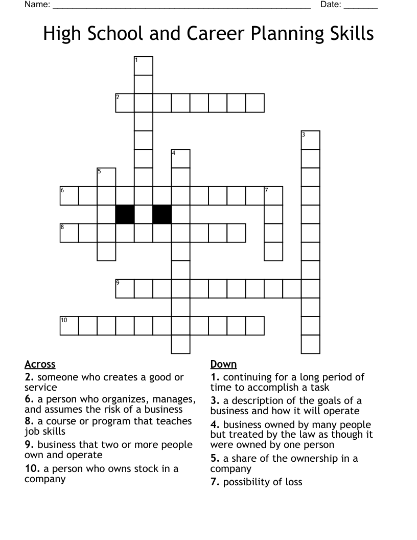 High School and Career Planning Skills Crossword
