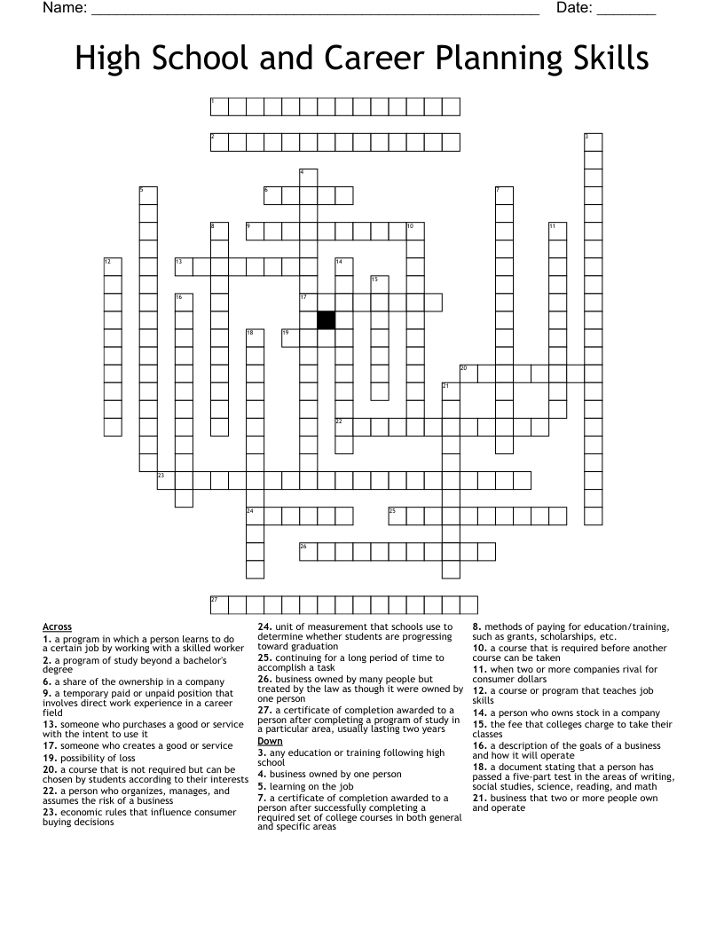 High School and Career Planning Skills Crossword