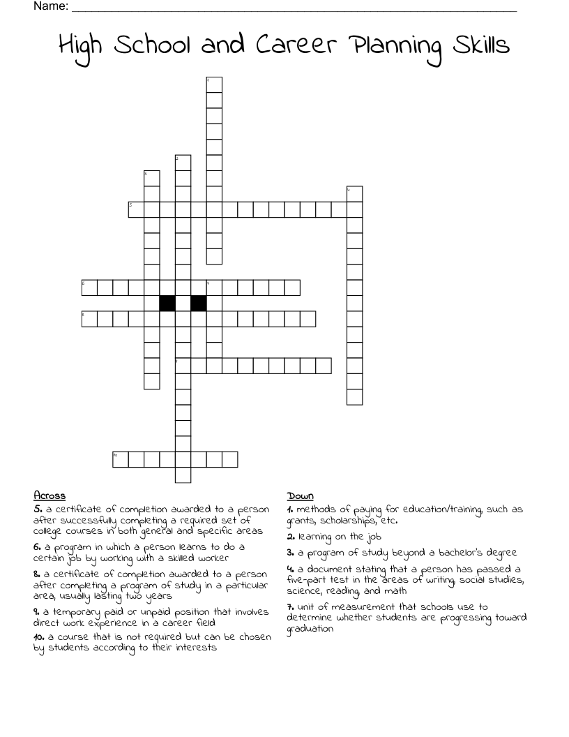High School and Career Planning Skills Crossword