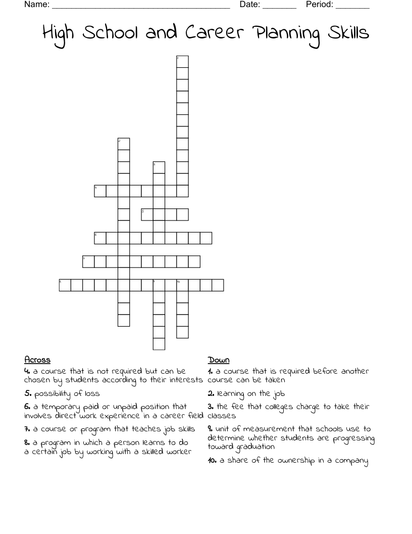 High School and Career Planning Skills Crossword
