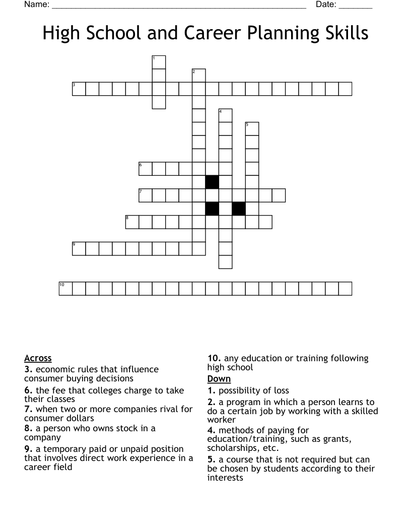 High School and Career Planning Skills Crossword