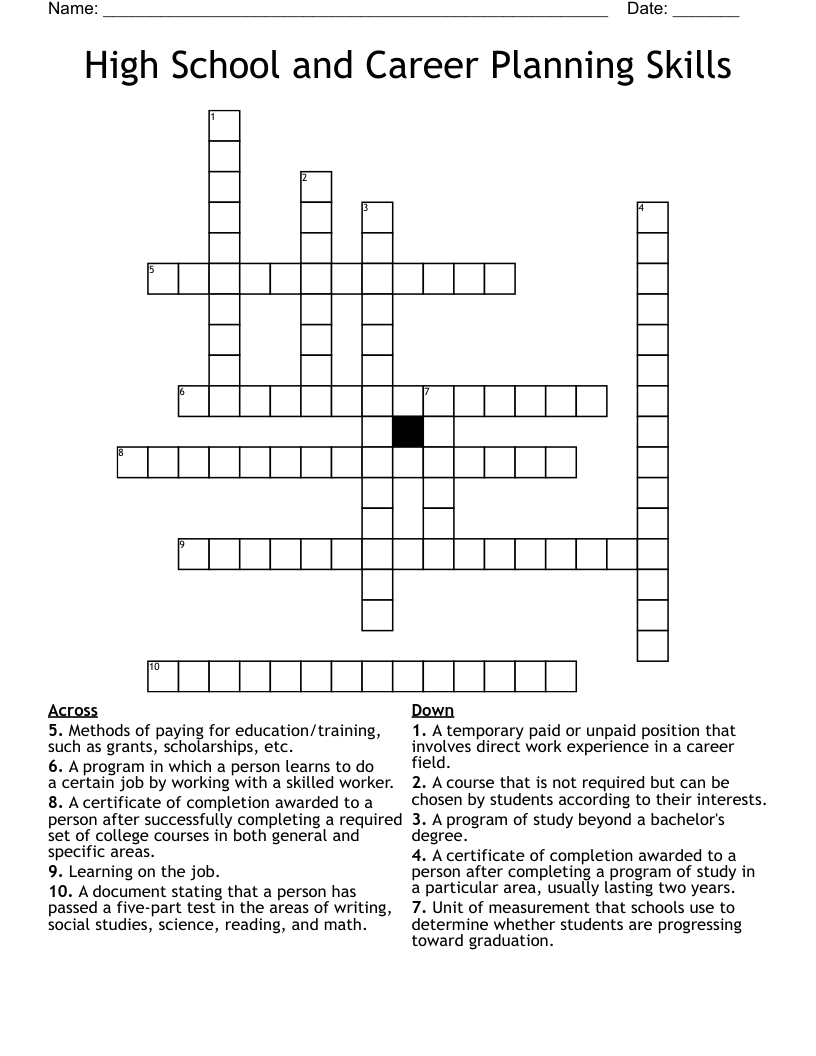 High School and Career Planning Skills Crossword