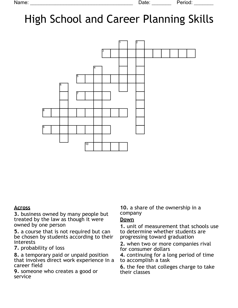 High School and Career Planning Skills Crossword