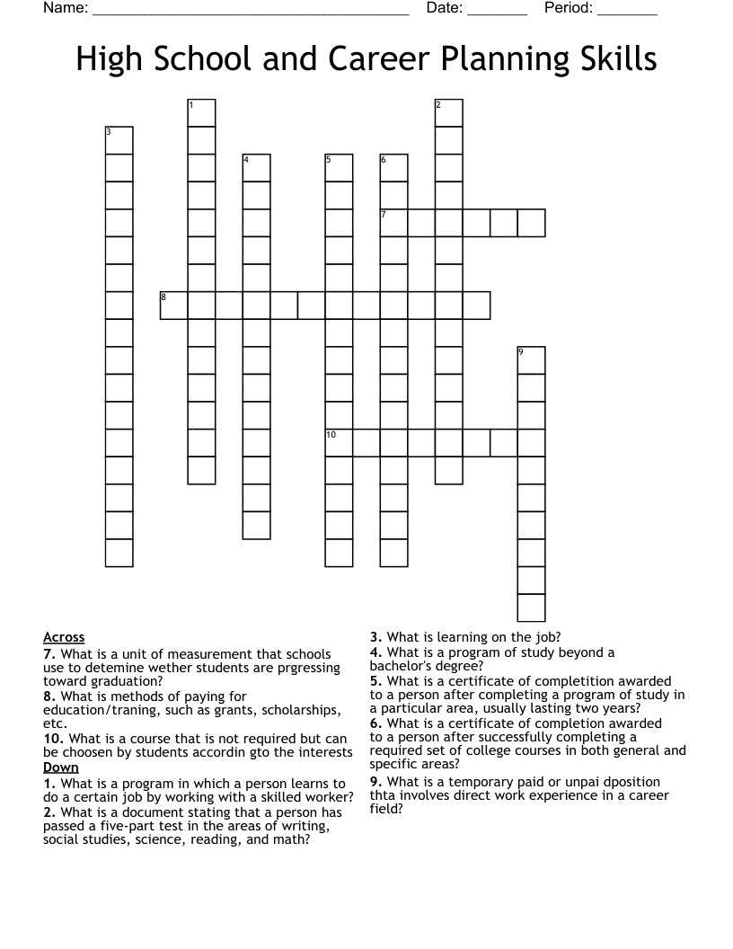 High School and Career Planning Skills Crossword