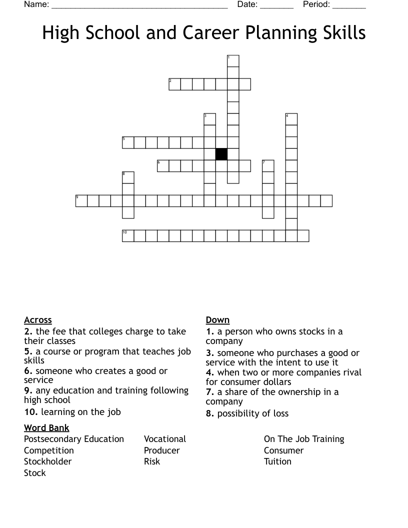High School and Career Planning Skills Crossword