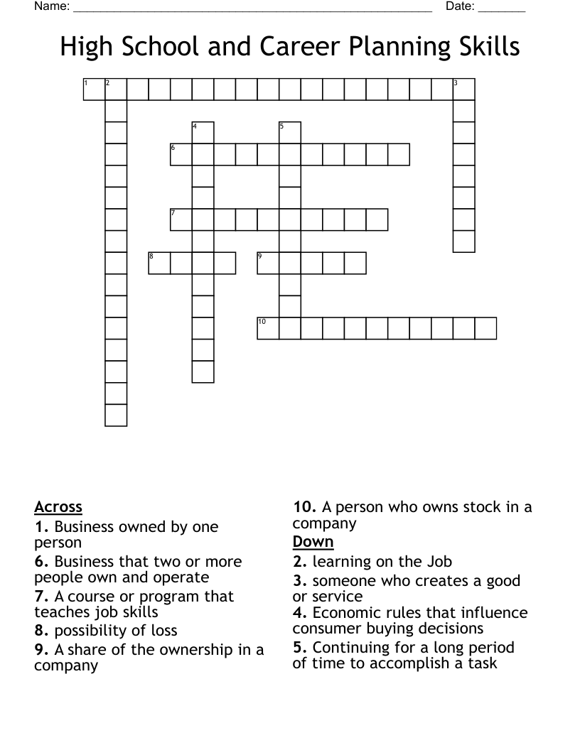 High School and Career Planning Skills Crossword