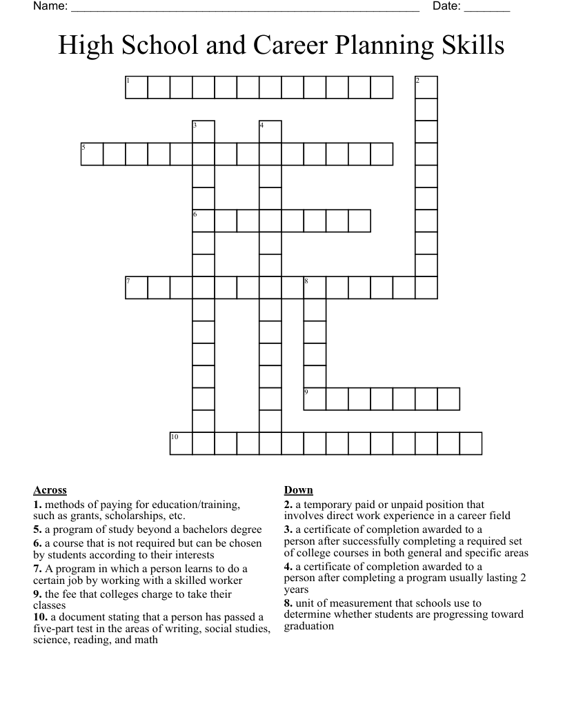 High School and Career Planning Skills Crossword