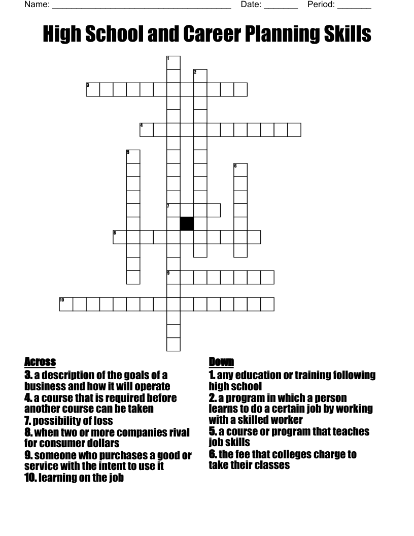 High School and Career Planning Skills Crossword