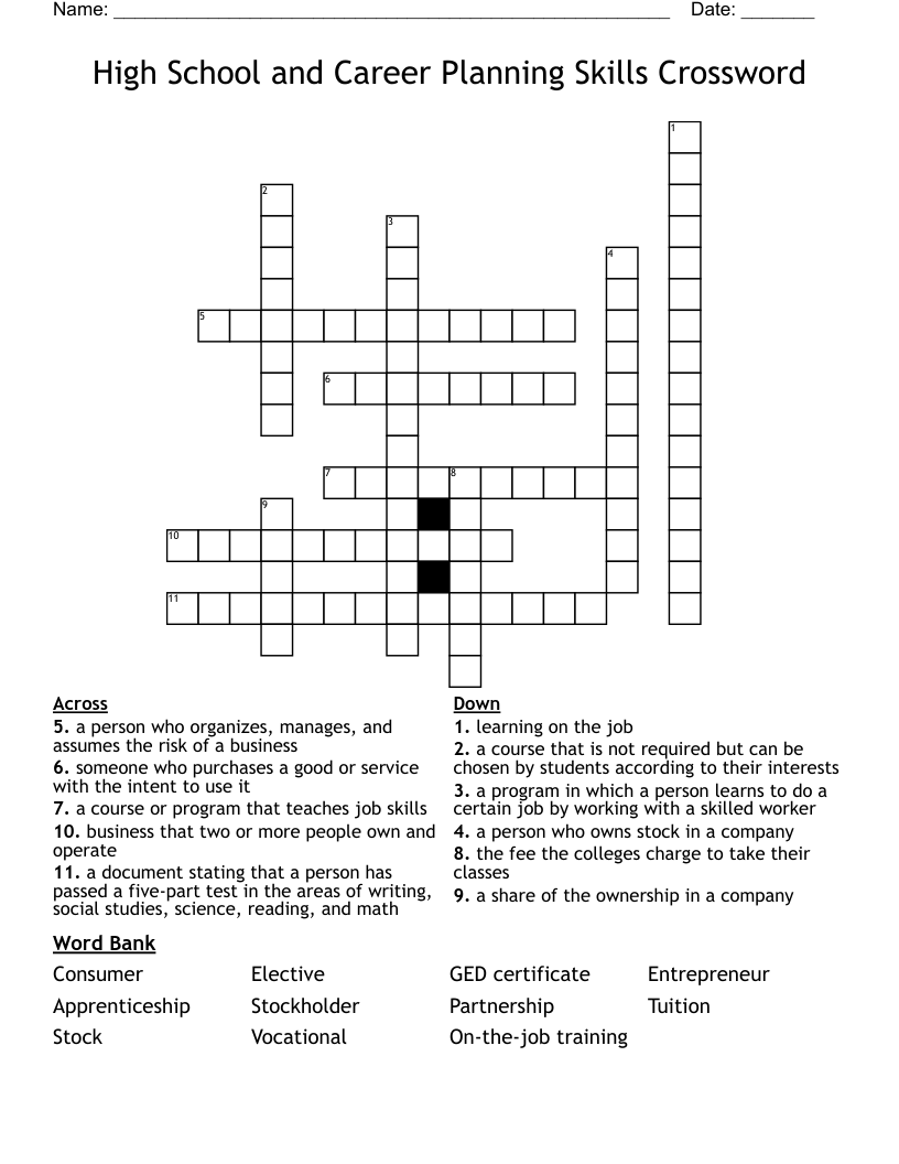 High School and Career Planning Skills Crossword