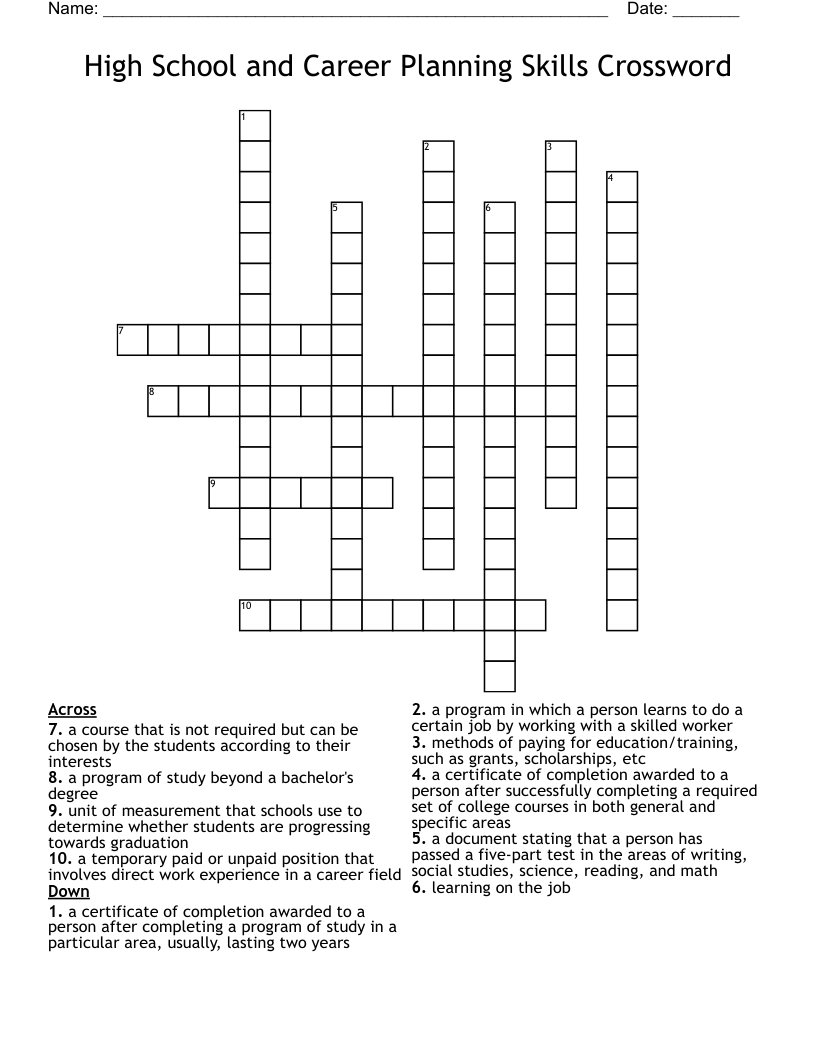 High School and Career Planning Skills Crossword