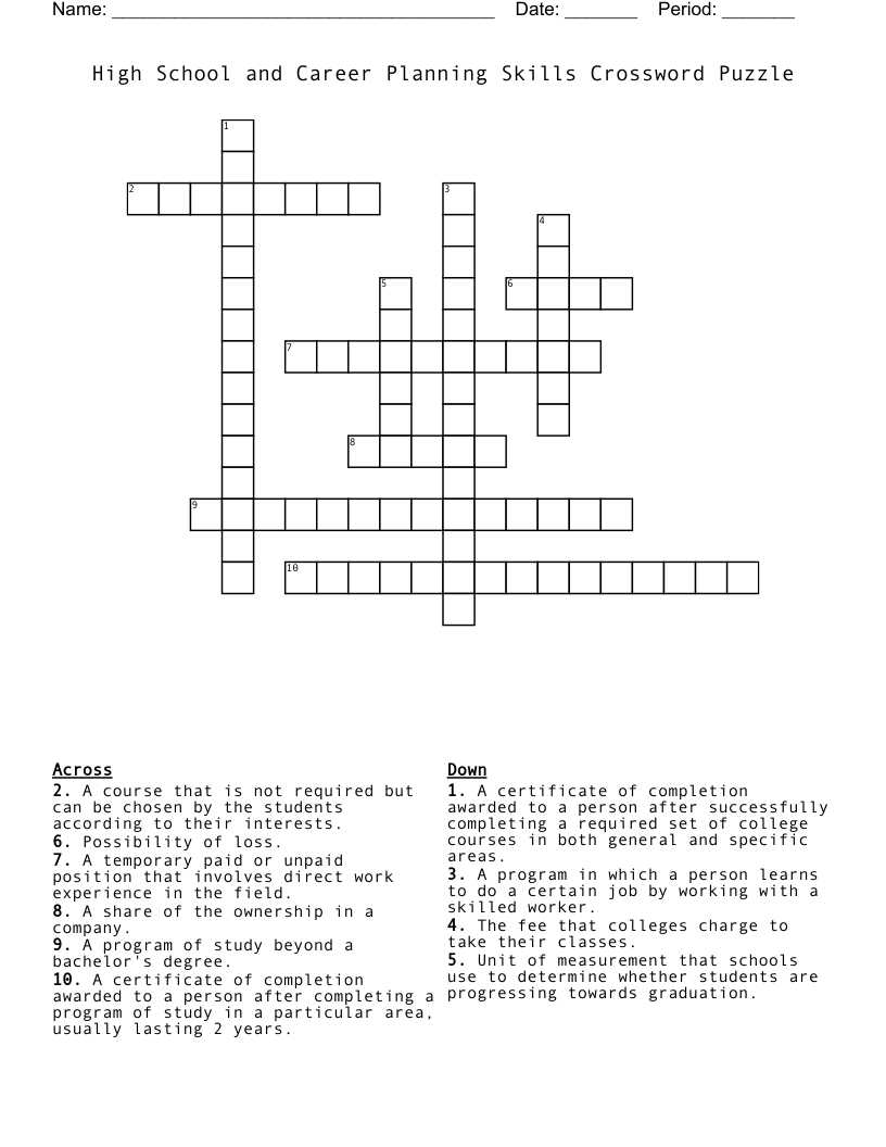 High School and Career Planning Skills Crossword Puzzle