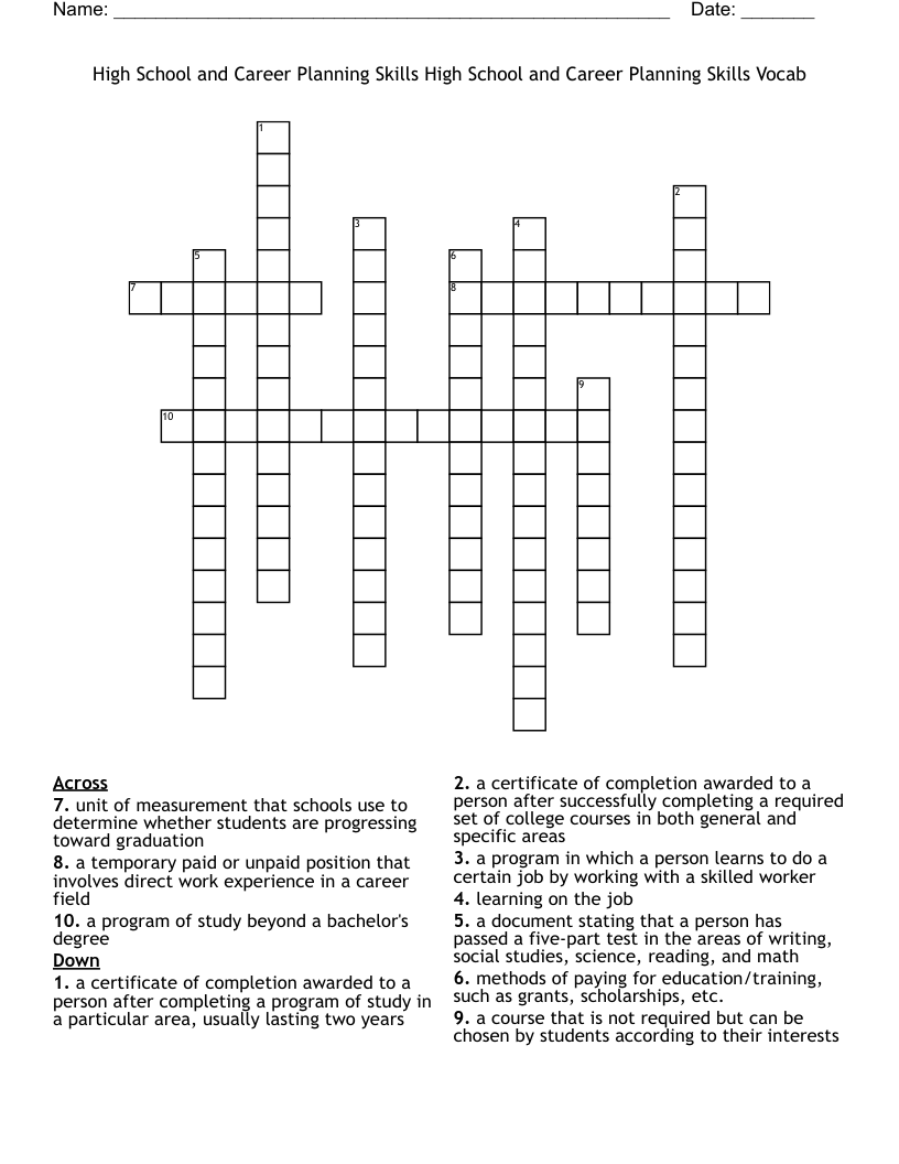 High School and Career Planning Skills High School and Career Planning Skills Vocab Crossword