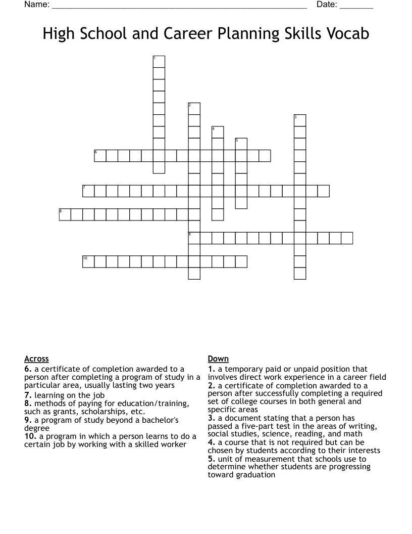 High School and Career Planning Skills Vocab Crossword