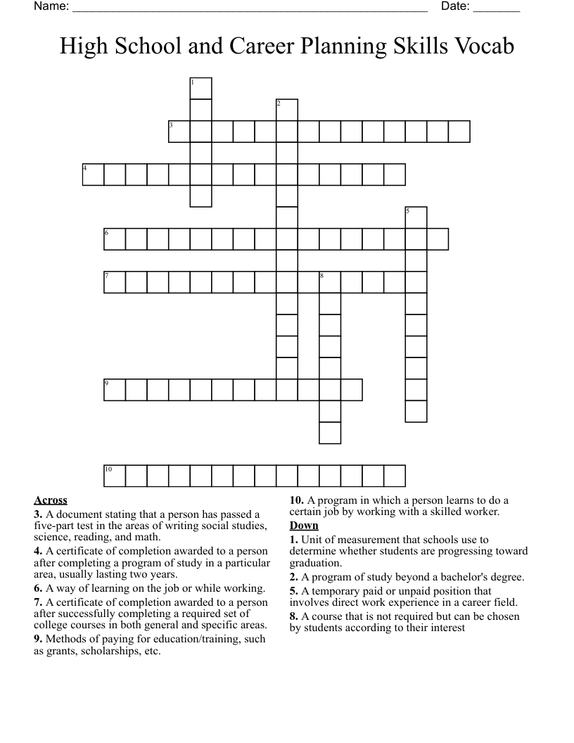 High School and Career Planning Skills Vocab Crossword