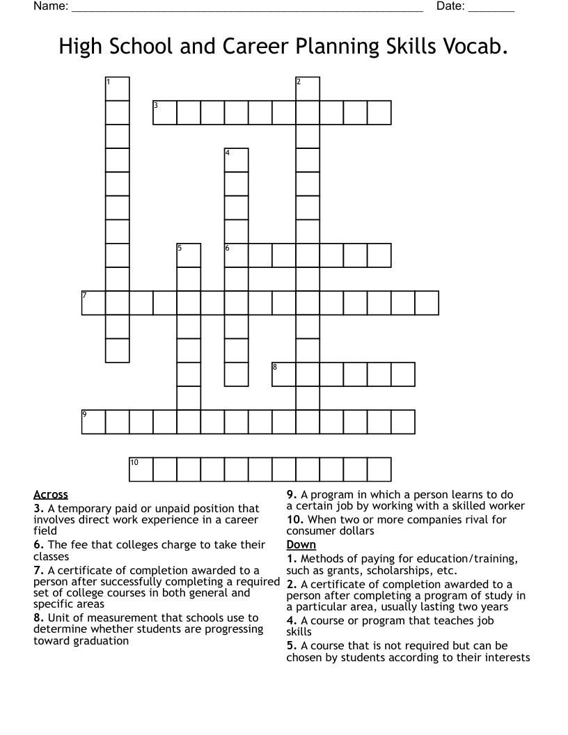 High School and Career Planning Skills Vocab. Crossword