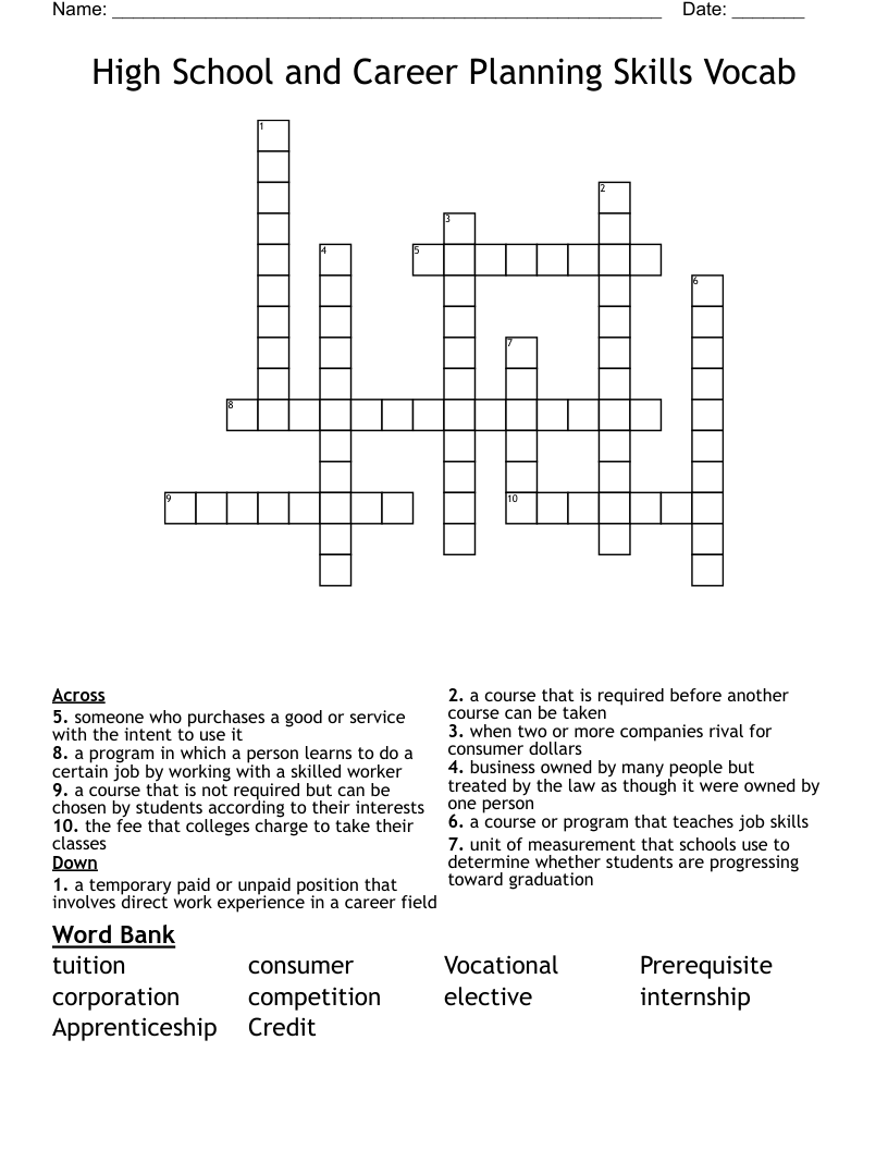High School and Career Planning Skills Vocab Crossword