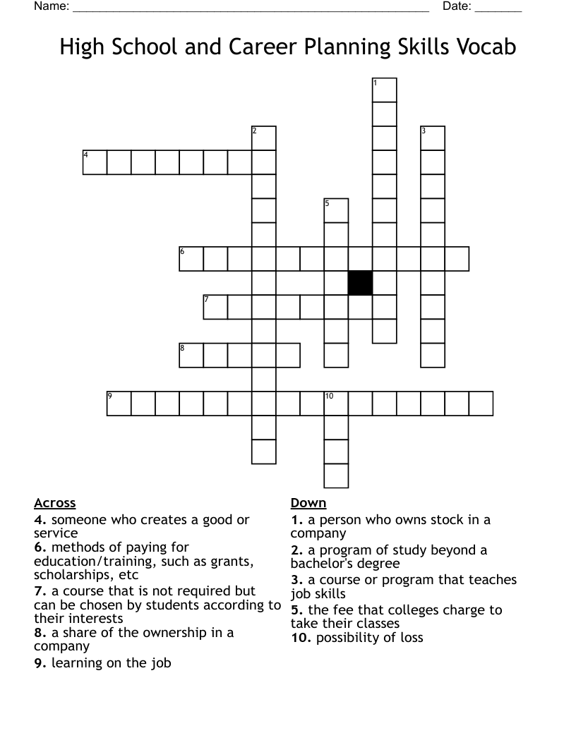 High School and Career Planning Skills Vocab Crossword