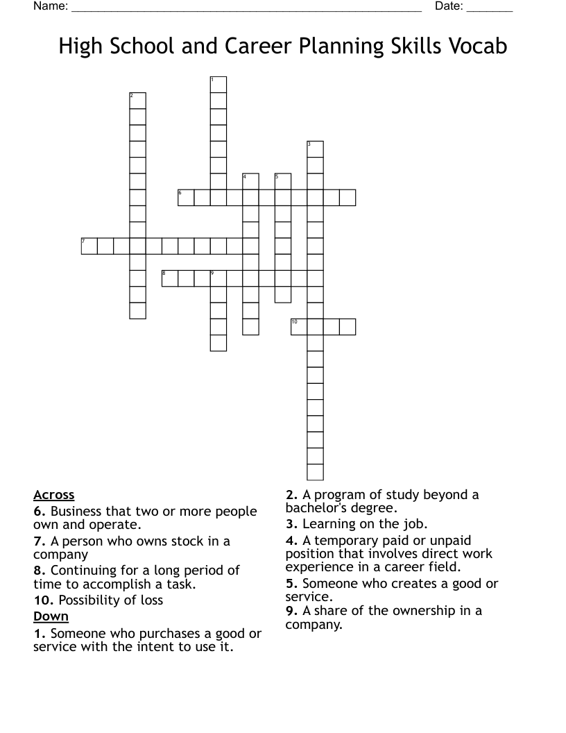 High School and Career Planning Skills Vocab Crossword
