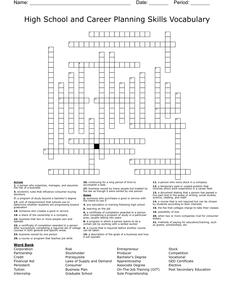 High School and Career Planning Skills Vocabulary Crossword