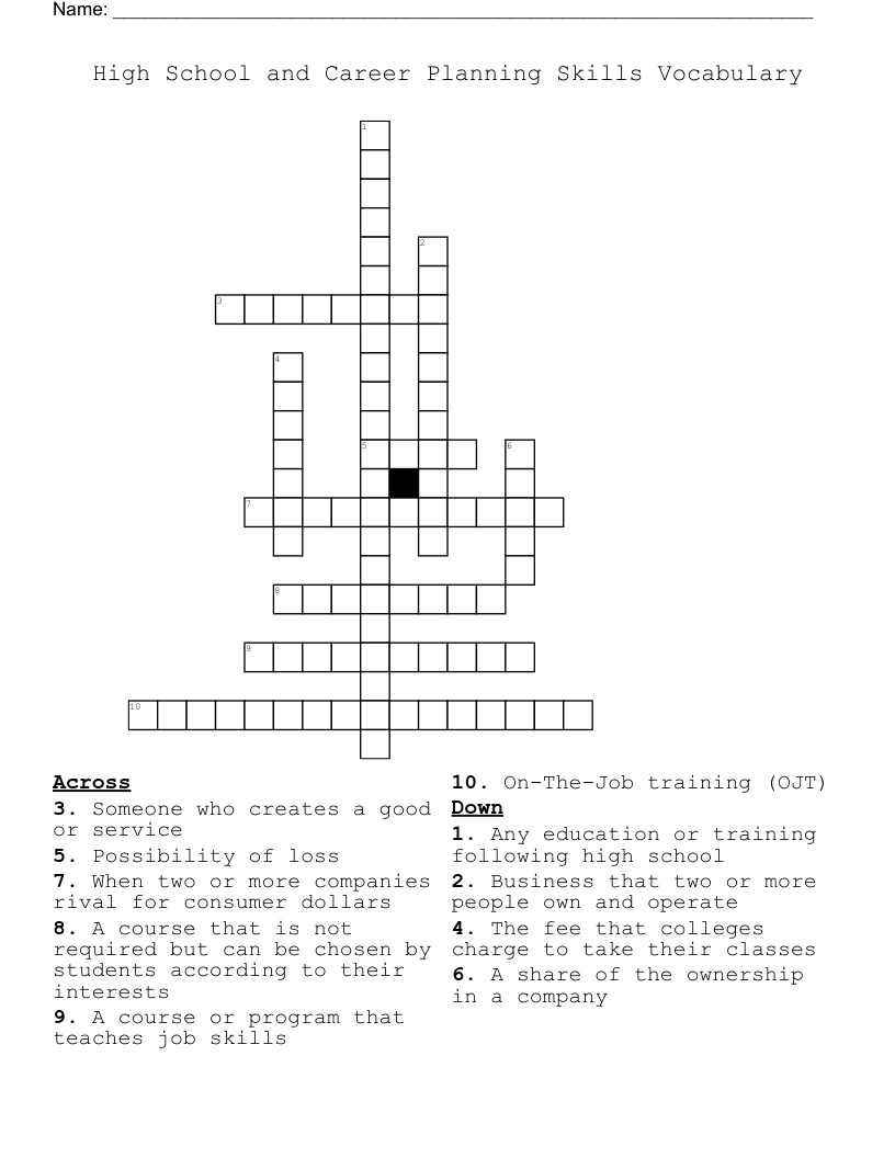 High School and Career Planning Skills Vocabulary Crossword