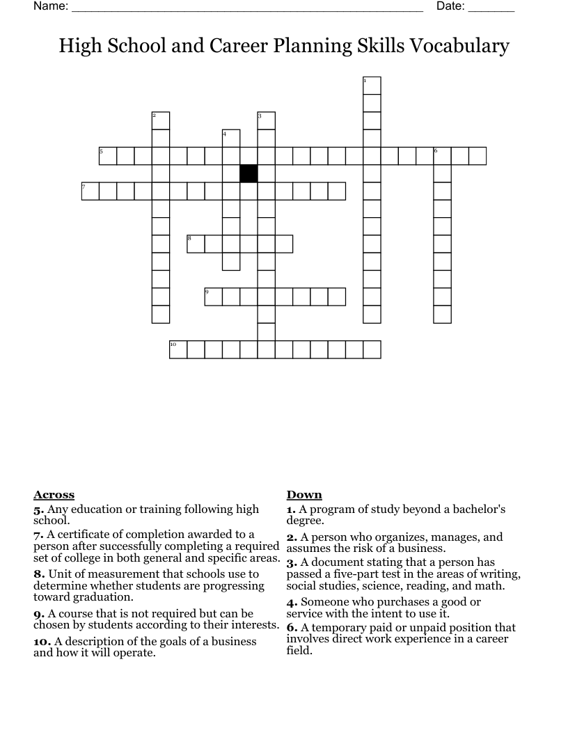High School and Career Planning Skills Vocabulary Crossword