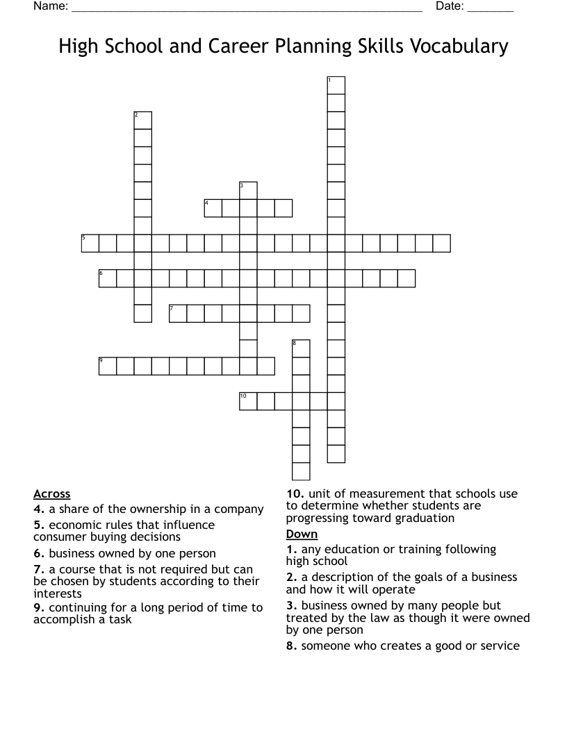 High School and Career Planning Skills Vocabulary Crossword