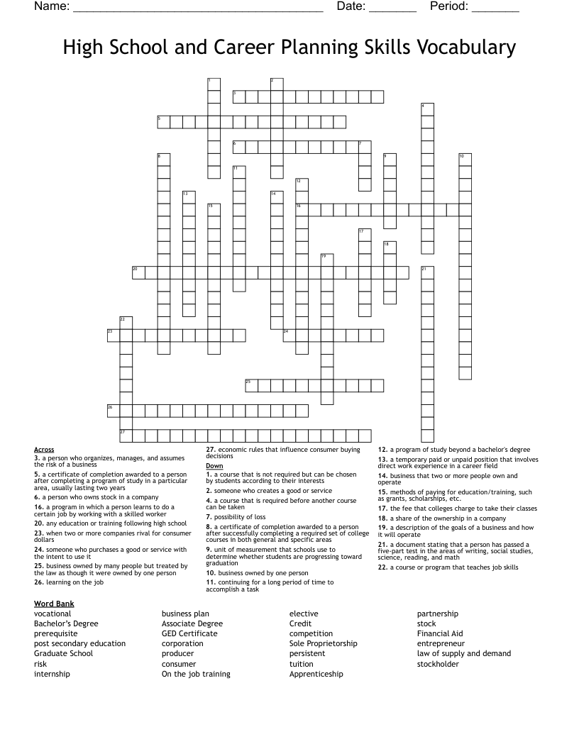 High School and Career Planning Skills Vocabulary  Crossword