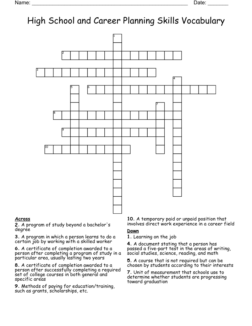 High School and Career Planning Skills Vocabulary  Crossword